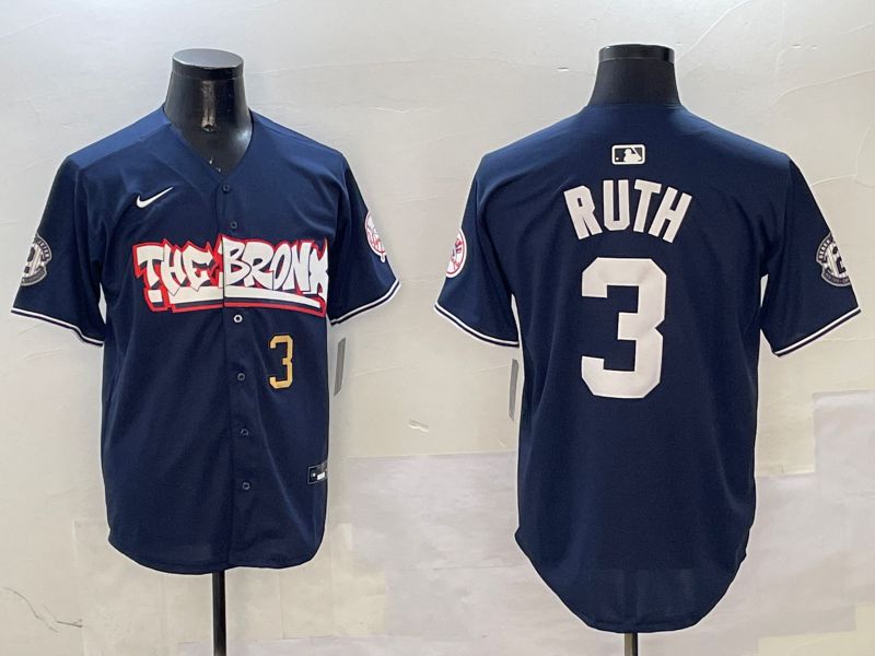 Men New York Yankees #3 Ruth Drak Blue four generations Joint Name 2025 Nike MLB Jersey style 4->new york yankees->MLB Jersey